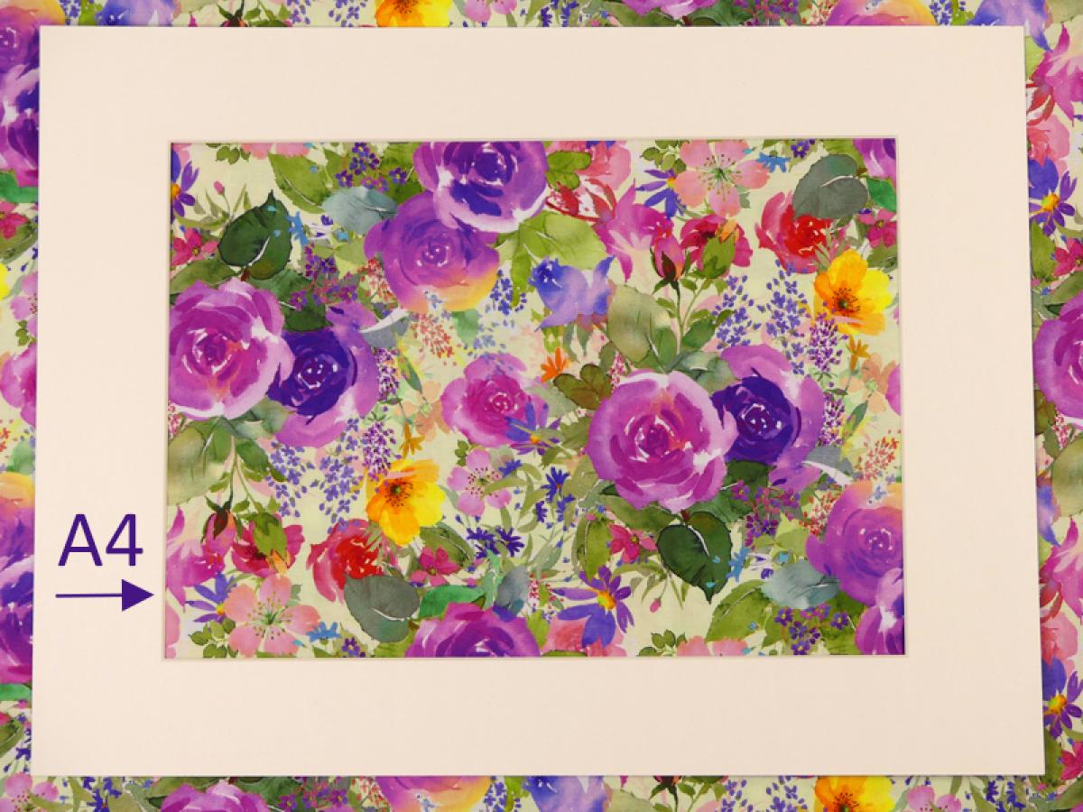 Patchworkstoff Clothworks Flowershop Rosen in lila und bunte Blumen A4 Ausschnitt